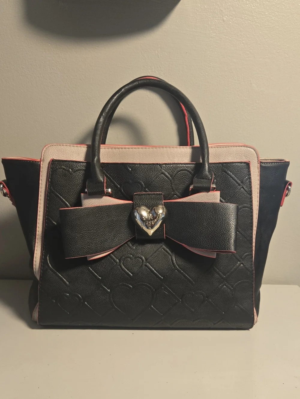 Luv Betsey Black Satchel with Pink Trim and Heart Bow Accent